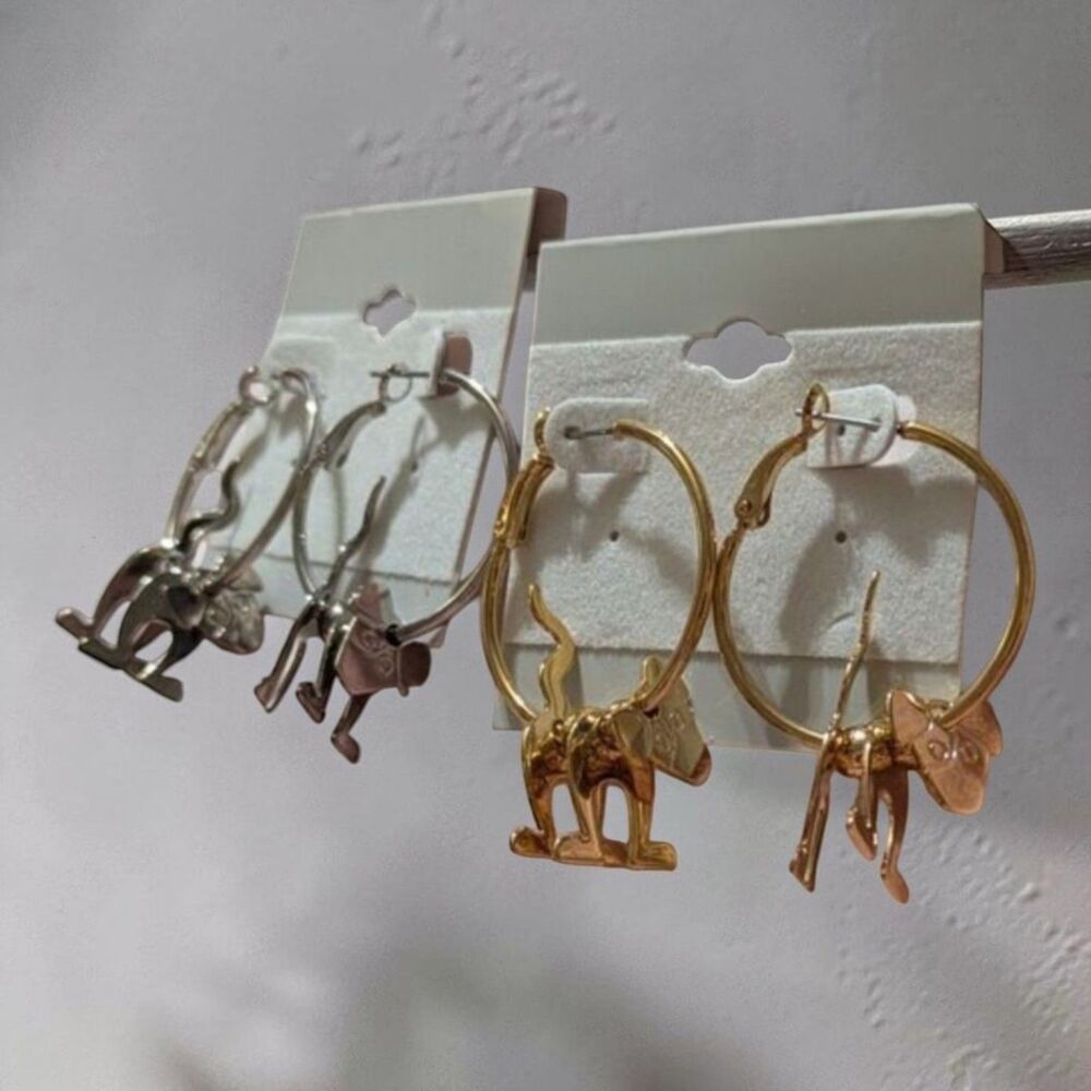 Vintage Style Dog Charm Hoop Earrings Gold Silver Tone Dangling Puppy Jewelry